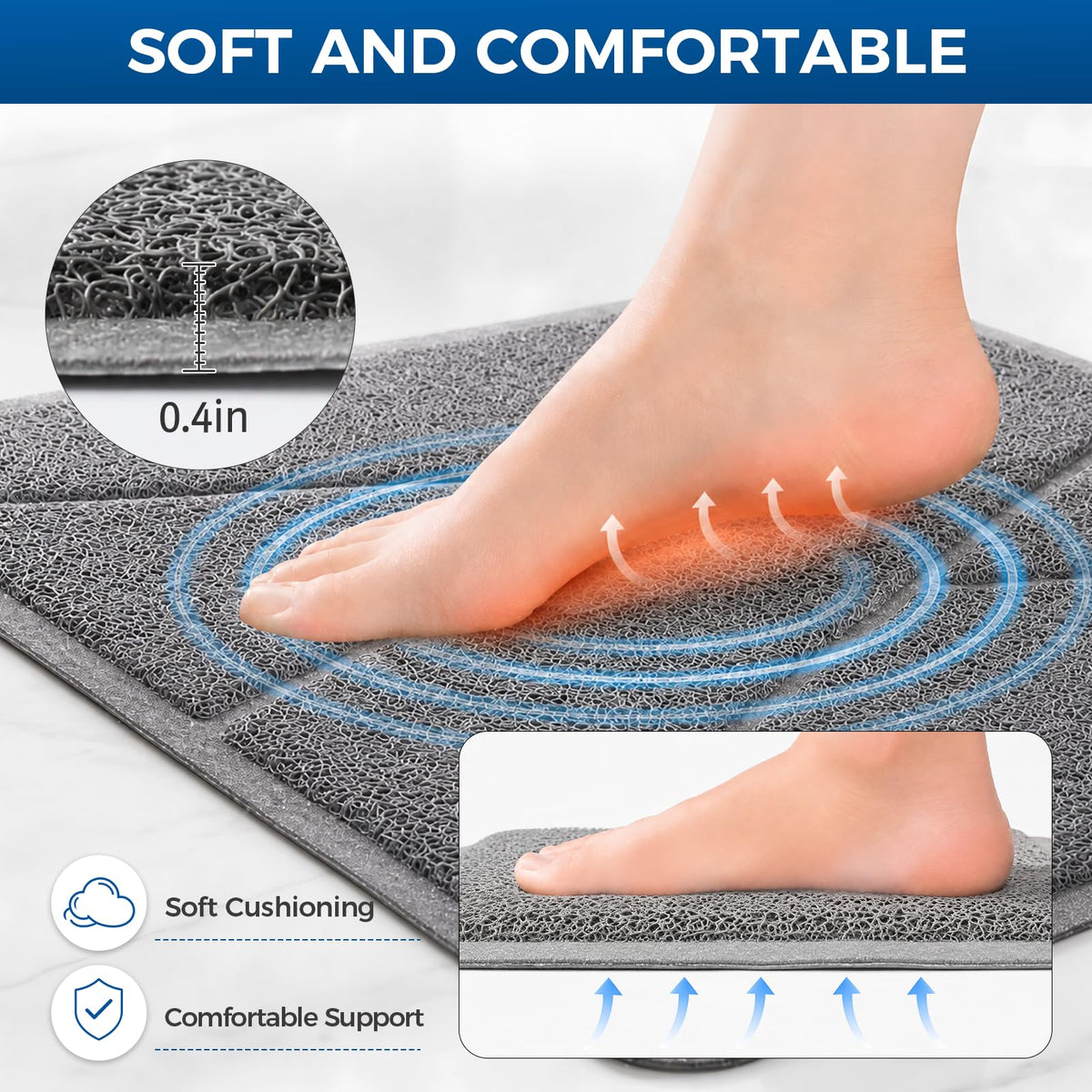 XIYUNTE Soft Shower Mat Non Slip Anti Mould, Loofah Bath Mat with Heat-Pressed Edging 60x40cm, INCL. Hooks for Drying