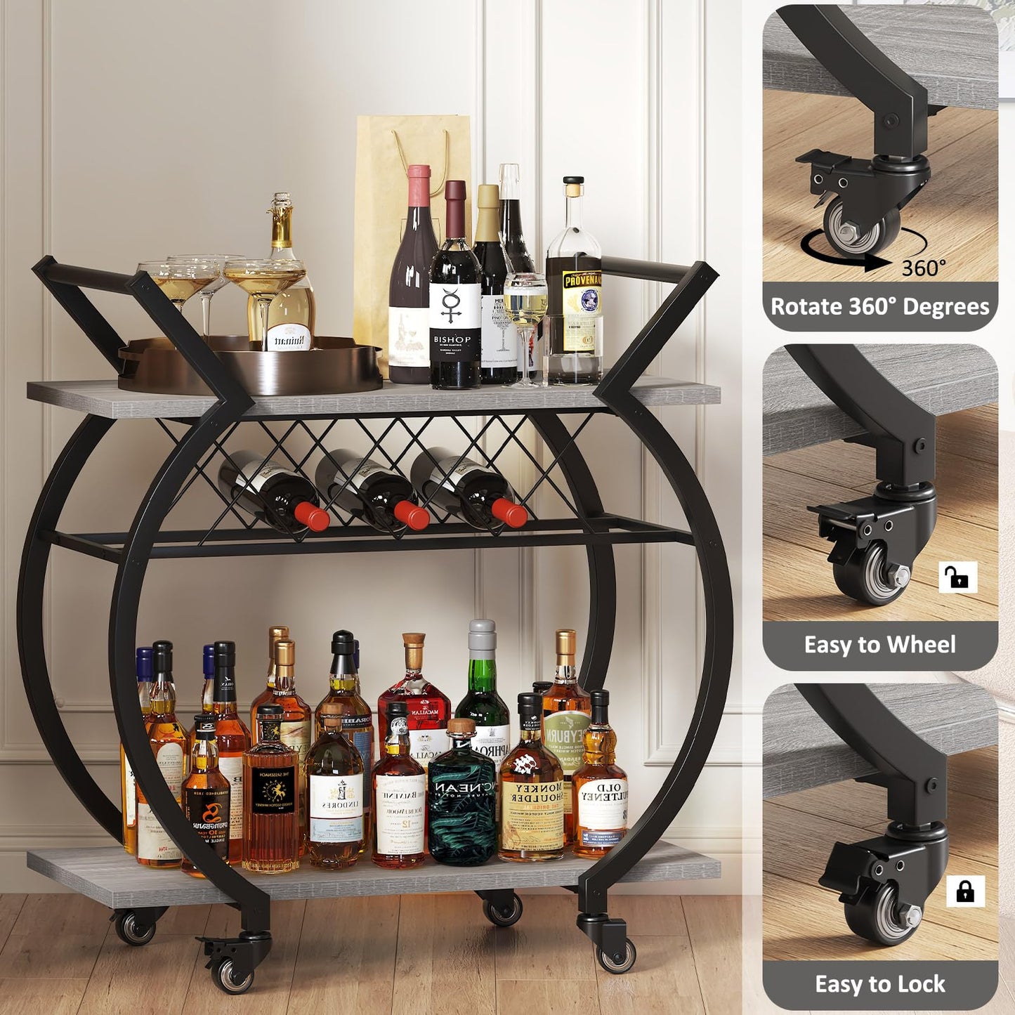 LVB Drinks Trolley on Wheels, Bar Cart with Wine Rack, Kitchen Coffee Cart, Industrial Wood and Metal Liquor Wine Cart for Home