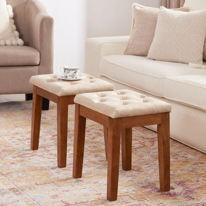 MILCIL Ottoman Vanity Wooden Stool with Padded Seat, Faux Leather Ivory
