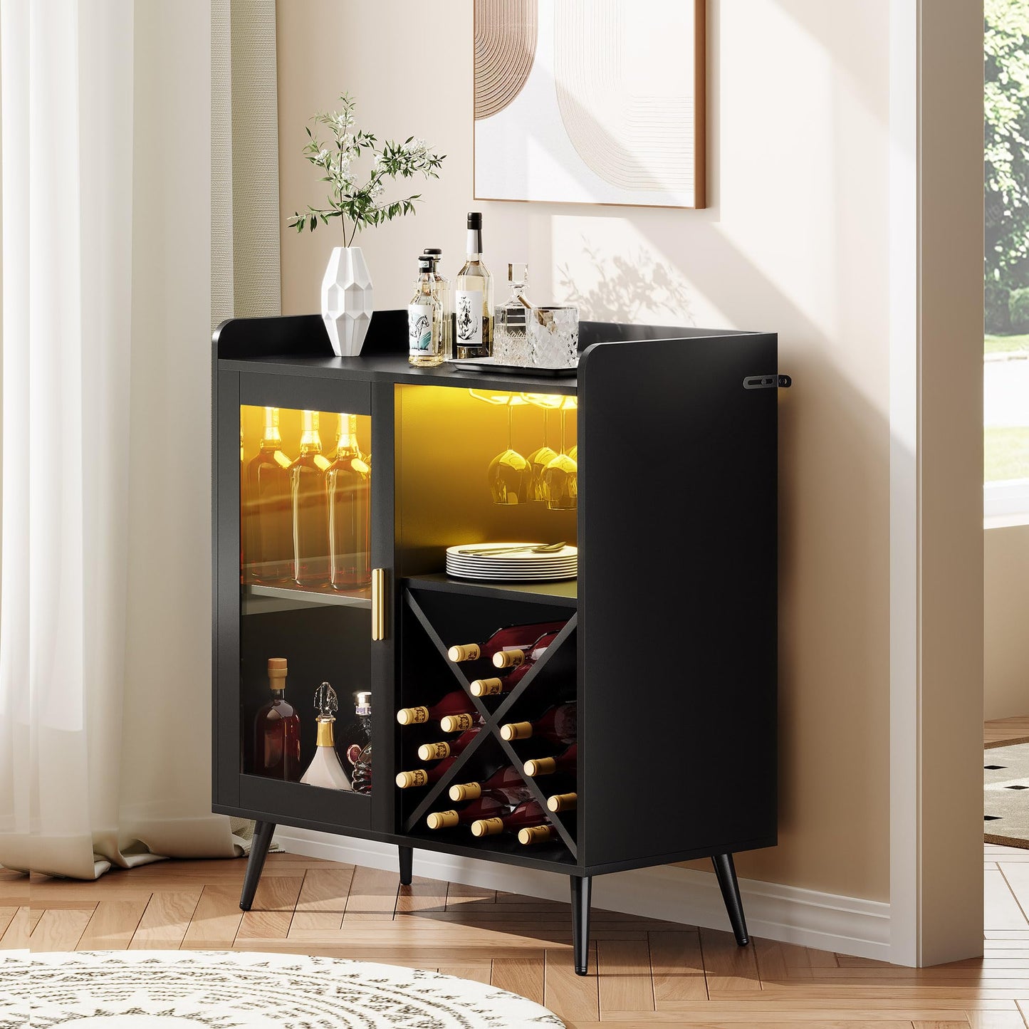 YITAHOME Small Bar Cabinet with LED Lights, Acrylic Door & Wine Rack, Coffee Bar with Cup Holders, Sideboard for Home Bar, Dining Room, Living Room