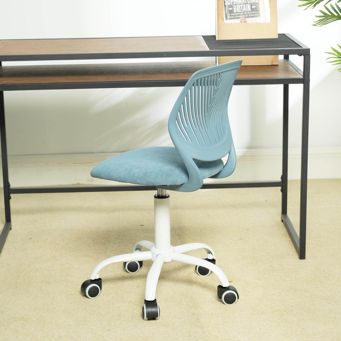 FurnitureR Ergonomic Adjustable Height Turner Rolling Computer Executive Chair for Home Office Study Pale Blue, Metal Plastic, 38CM x39CM x75-85CM