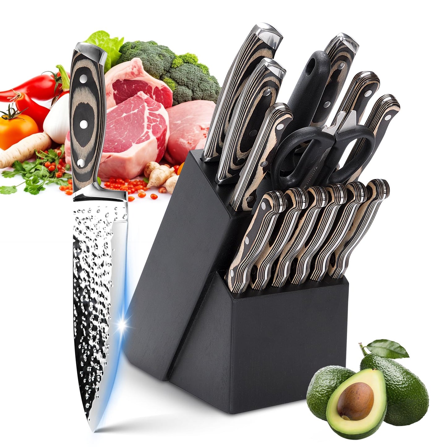 15-Piece Chef Knife Sets with Sharpener, Kitchen Knife Sets with Wood Block, High Carbon Stainless Steel Professional Chef?s Knives, Steak Knife and