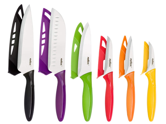 Zyliss 6 Piece Knife Set, Japanese Stainless Steel, Non Slip Handle, Multicolour, 6 x Professional Kitchen Knives with Protection Covers, Dishwasher