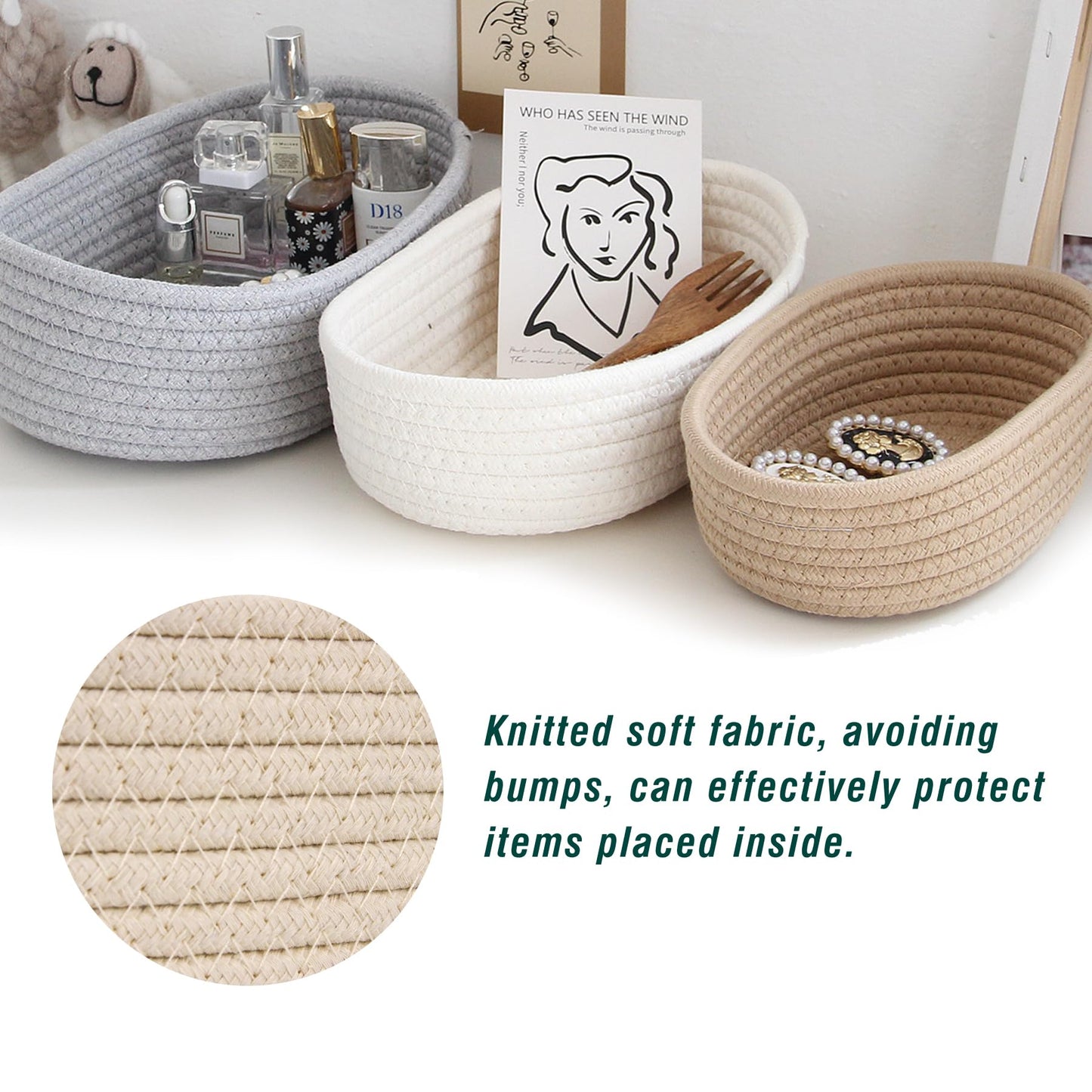Spesh Cotton Rope Storage Baskets, Set of 3 Woven Shelf Baskets Oval Cotton Storage Boxes Empty Hampers Organiser Bins(Grey)