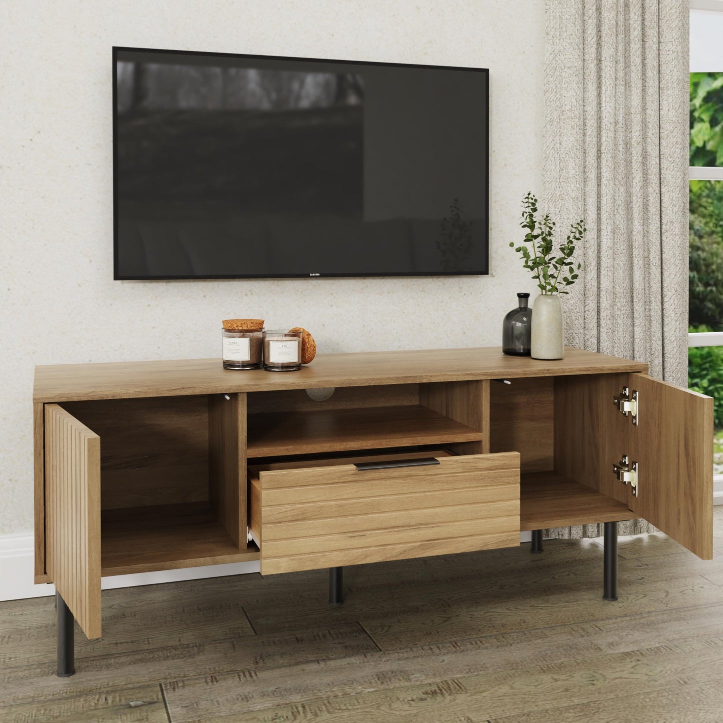 GFW Nervata TV Unit, Oak Effect Media Storage Cabinet with 1 Drawer and 2 Doors, Black and Gold Art Deco Style TV Stand for Living Room Furniture