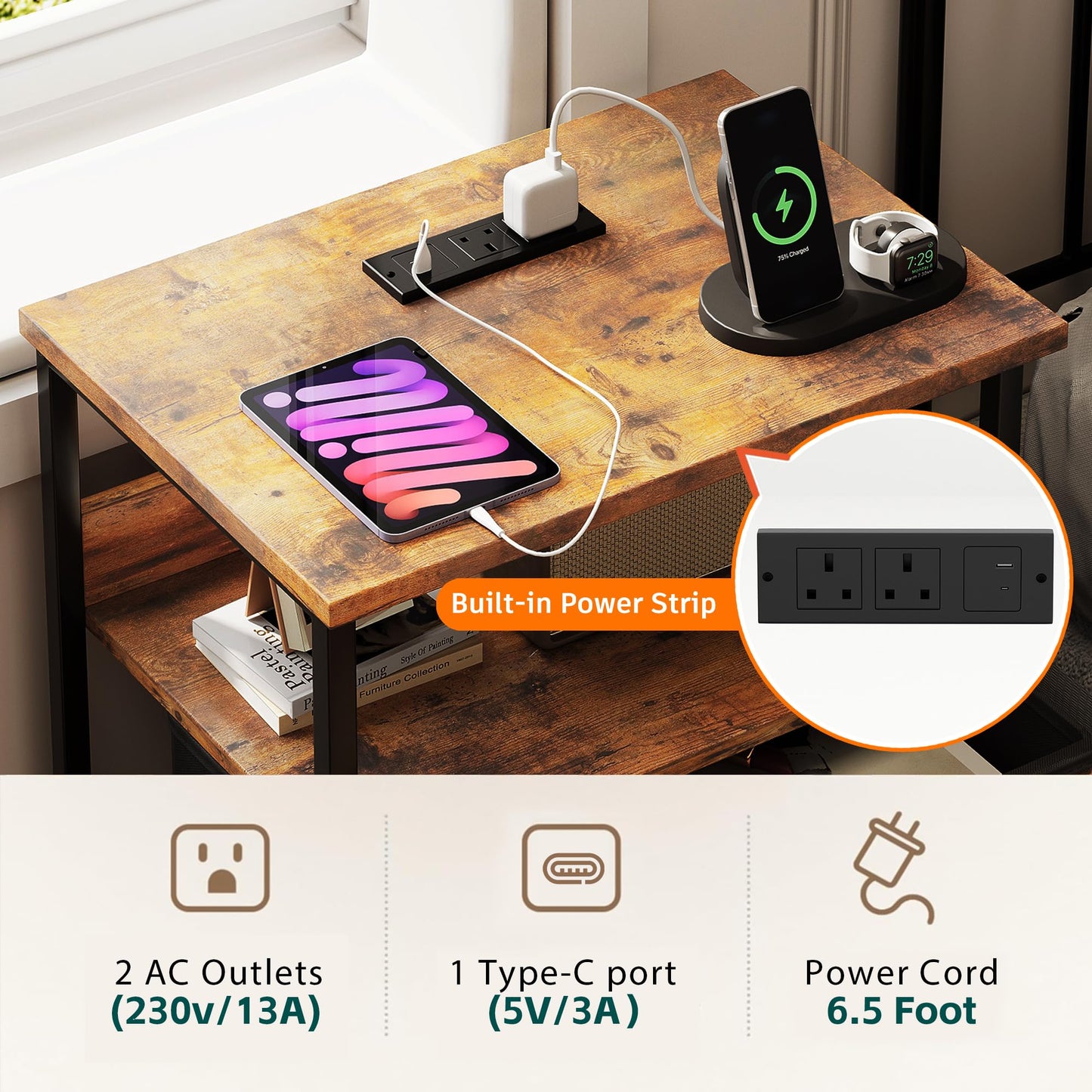 Flrrtenv Bedside Table with Charging Station, Smart Beside Cabinet, Nightstand with 2 Fabric Drawers & LED Light