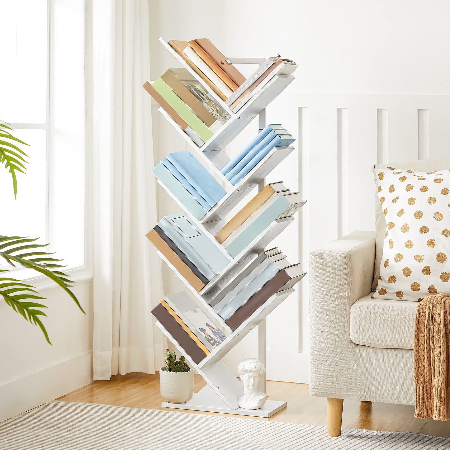 HOOBRO Tree Bookshelf Tall, 9-Tier Floor Standing Book Shelf, Tall Bookcase for CDs Albums, for Living Room, White EWT08SJ01G1