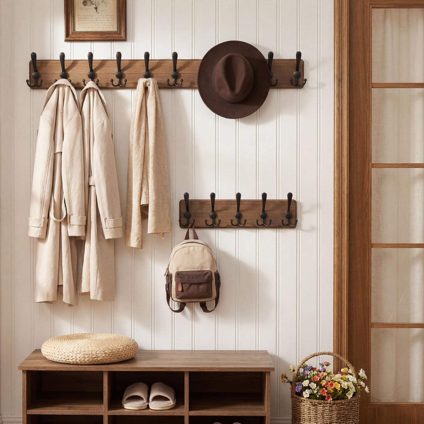 WEBI Coat Rack Wall Mount,98cm Long,10 Hooks,Wood Coat Hooks Wall Mounted Coat Hanger Wall,Hook Rack Rail,Triple Hooks for Hanging
