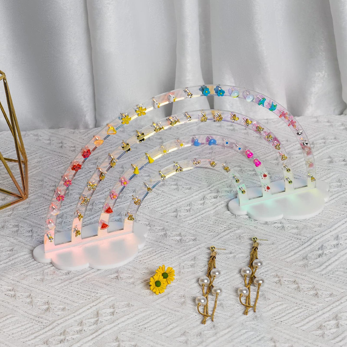 NiHome Iridescent Earrings Holder, 74 Holes Rainbow Acrylic Jewelry Display Stand Organizer, Clear Durable Plastic Earring Rack for Girls Women
