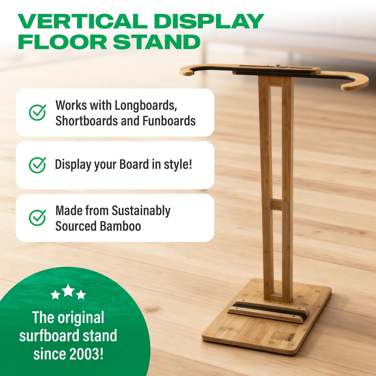 COR Surf Bamboo Surfboard Stand | Premium Standing Rack to Display Your Board