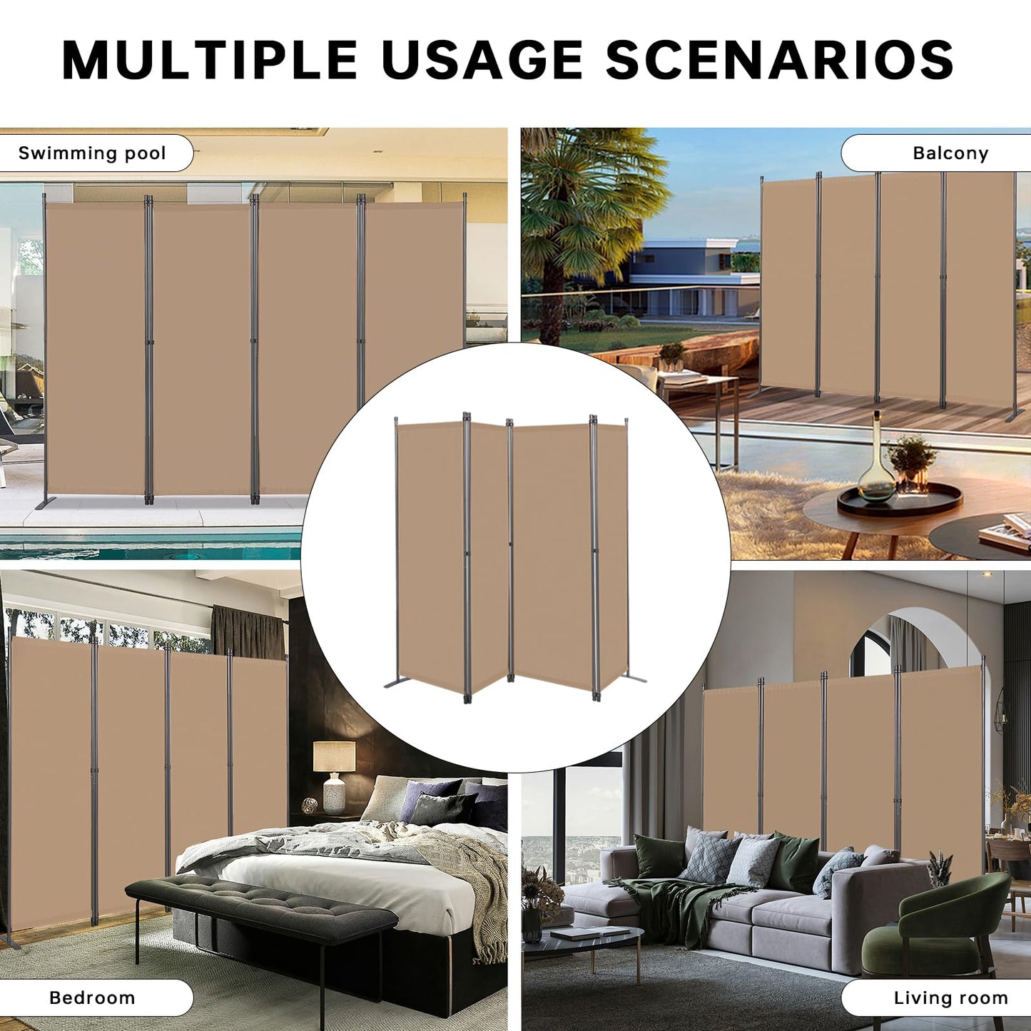 Angel Living 4 Panels Folding Room Divider, Privacy Screen Composed of Polyester Fabric and Sturdy Iron Frame