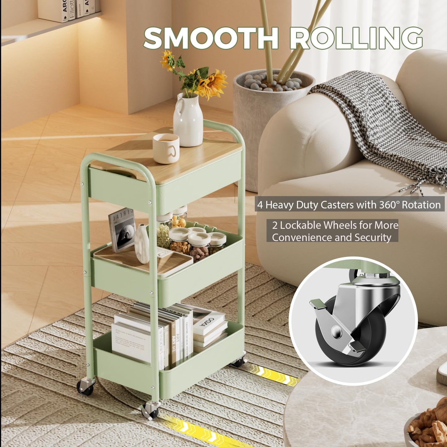 Shrivee 3 Tier Rolling Cart with Table top, Metal Rolling Utility Cart on Wheels, Sturdy Storage Organizer Cart with Hooks for Office, Classroom