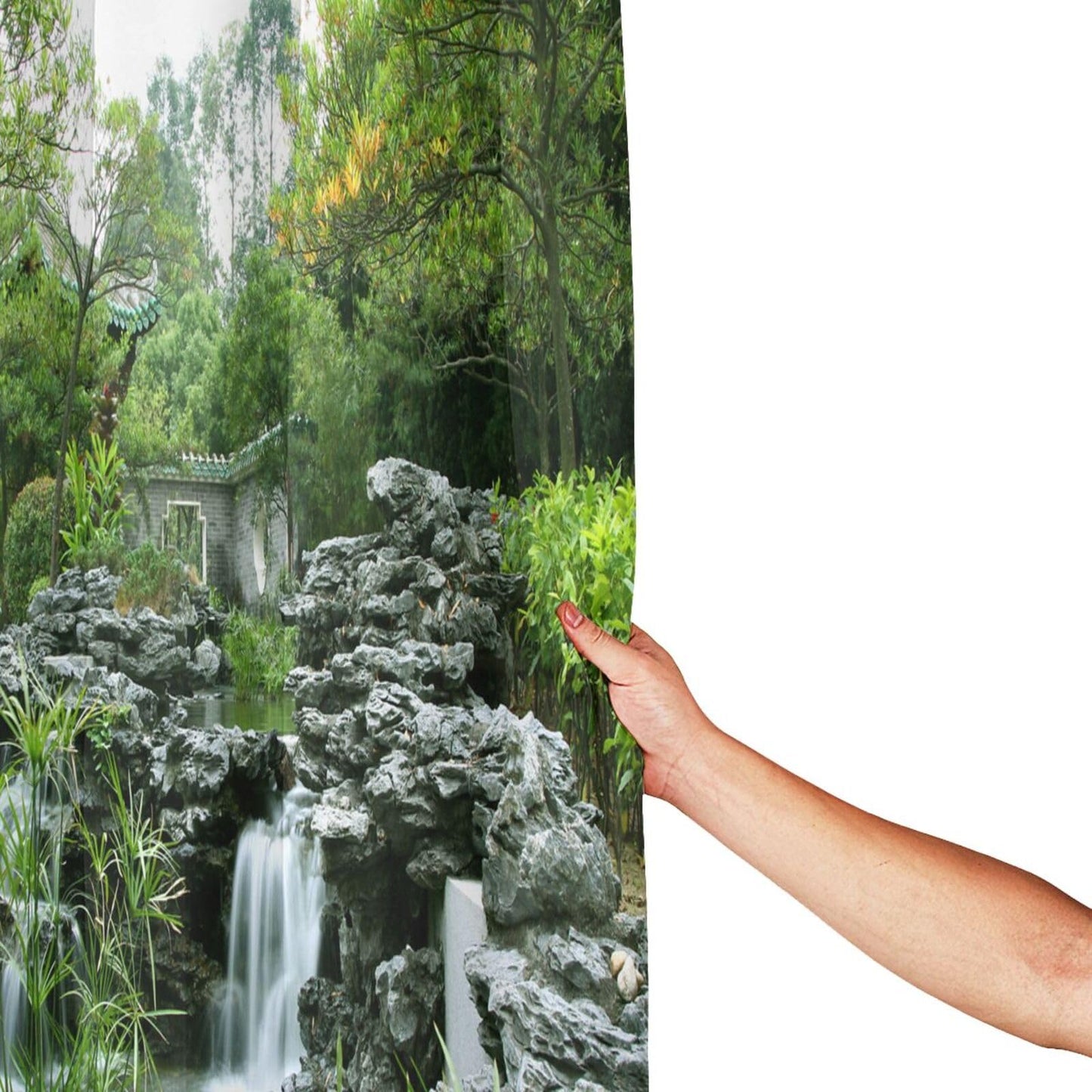 SATOHA Shower Curtain Rockery Flowing Water Waterproof Moistureproof Green Plant Garden Bathroom Bath Curtains Decoration 183x183cm