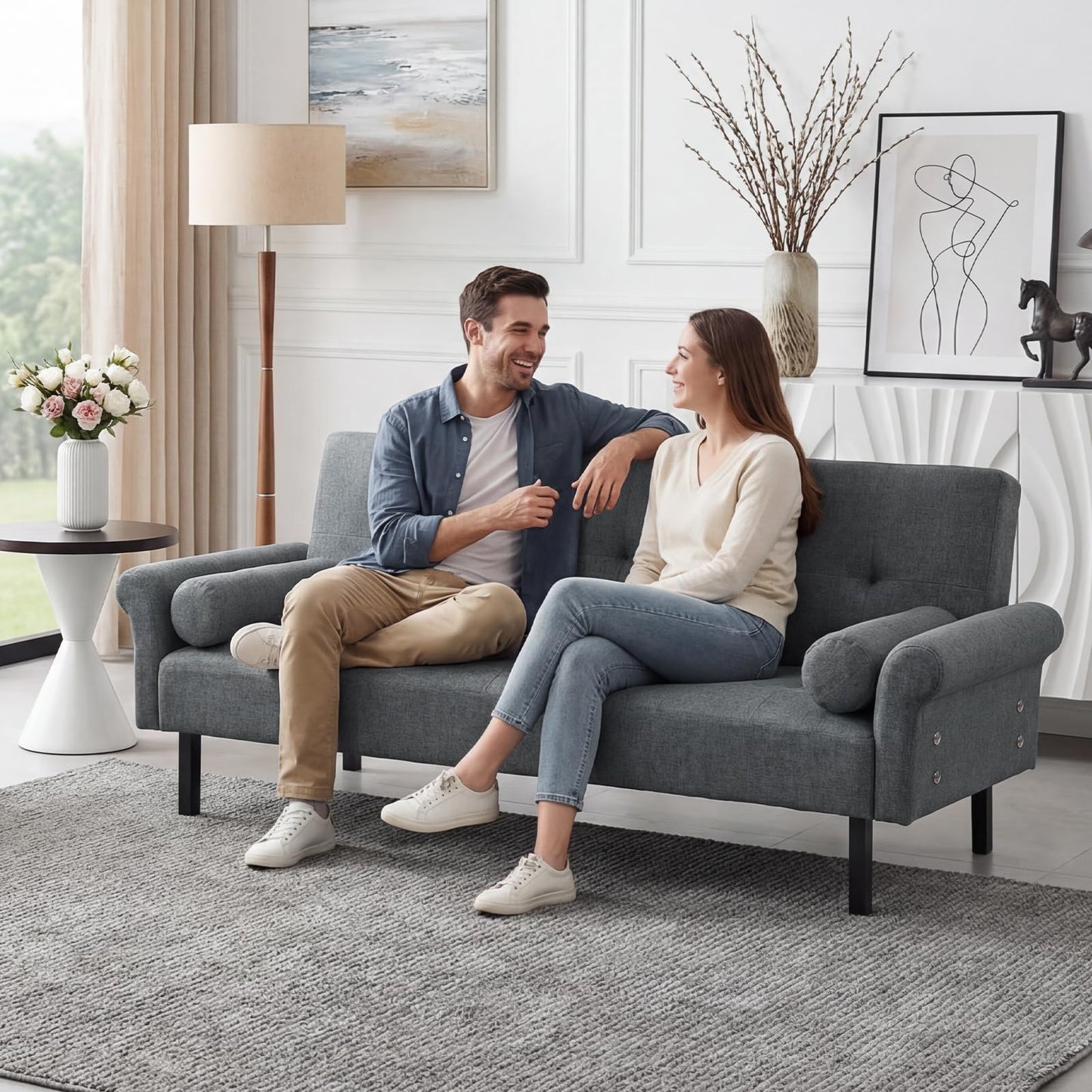 Panana Modern 3 Seater Sofa Bed, Fabric Upholstered Sofa bed with Metal Legs,Futon Recliner Lounge for Living Room, Spare Room, Bedroom
