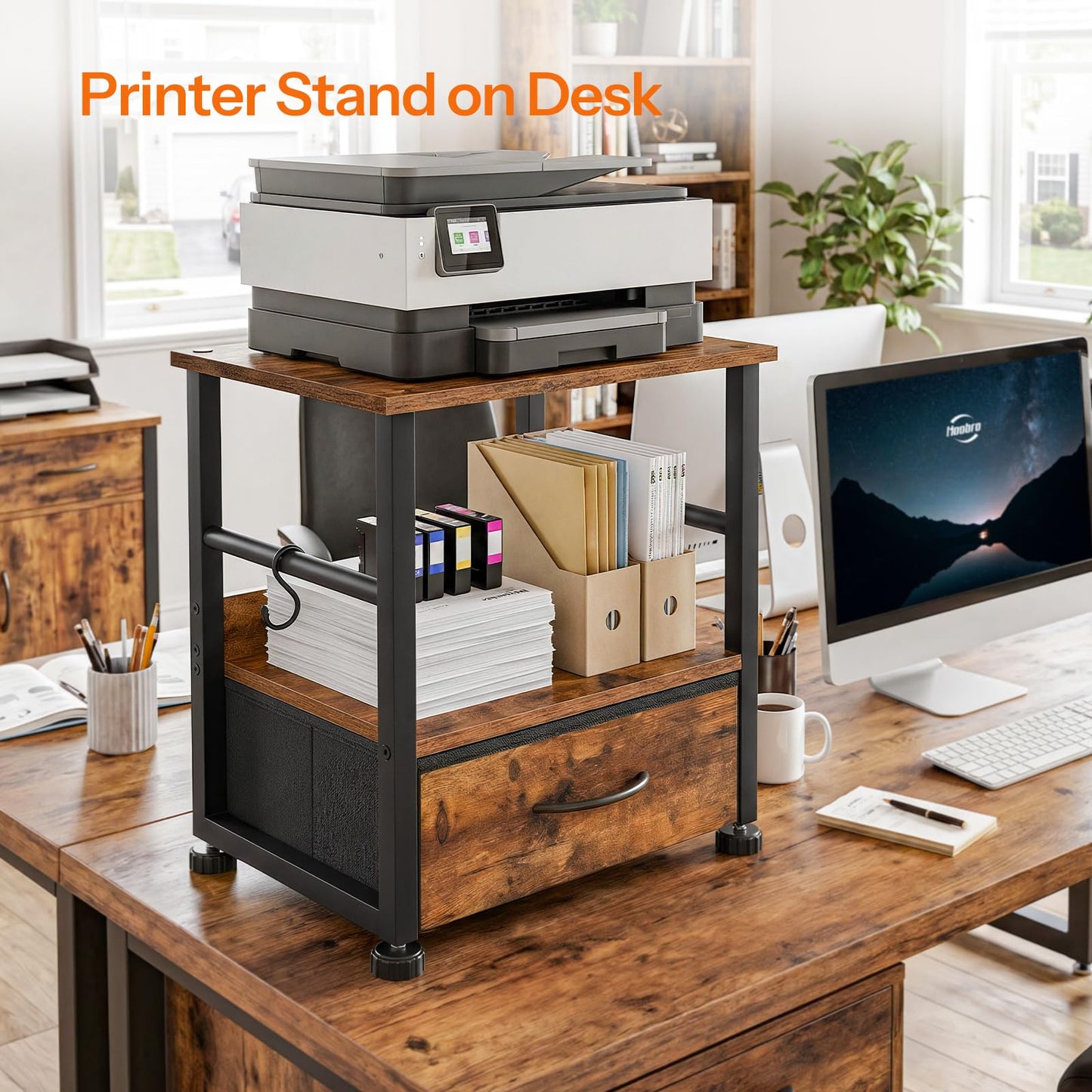 HOOBRO 2-Tier Printer Stand with Drawer, Under Desk Printer Table, Printer Cart with Storage, with Casters/Adjustable Feet, for Home Office, Study