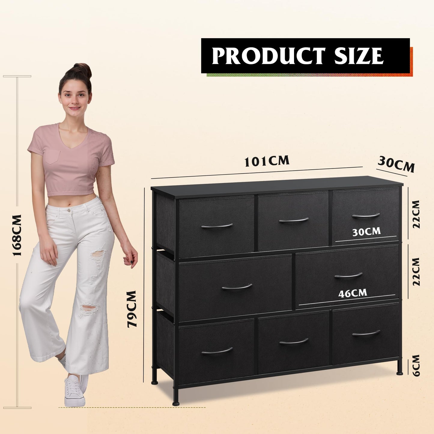 WLIVE Black Chest of Drawers, 8 Fabric Drawers Dresser Bedroom, Living Room