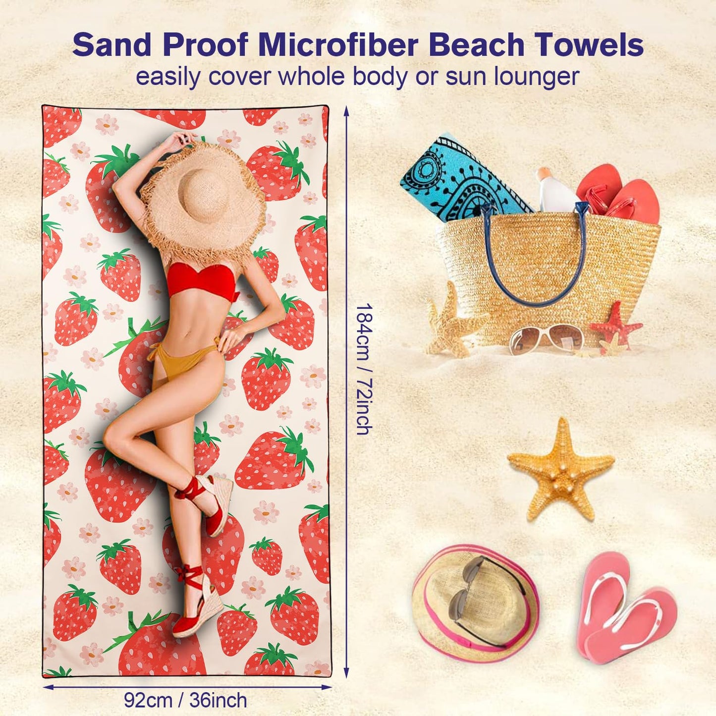 Violetpos Floral Strawberry Beach Towel, Extra Large 180x90 cm 250GSM Microfibre, Sand Free Quick Dry