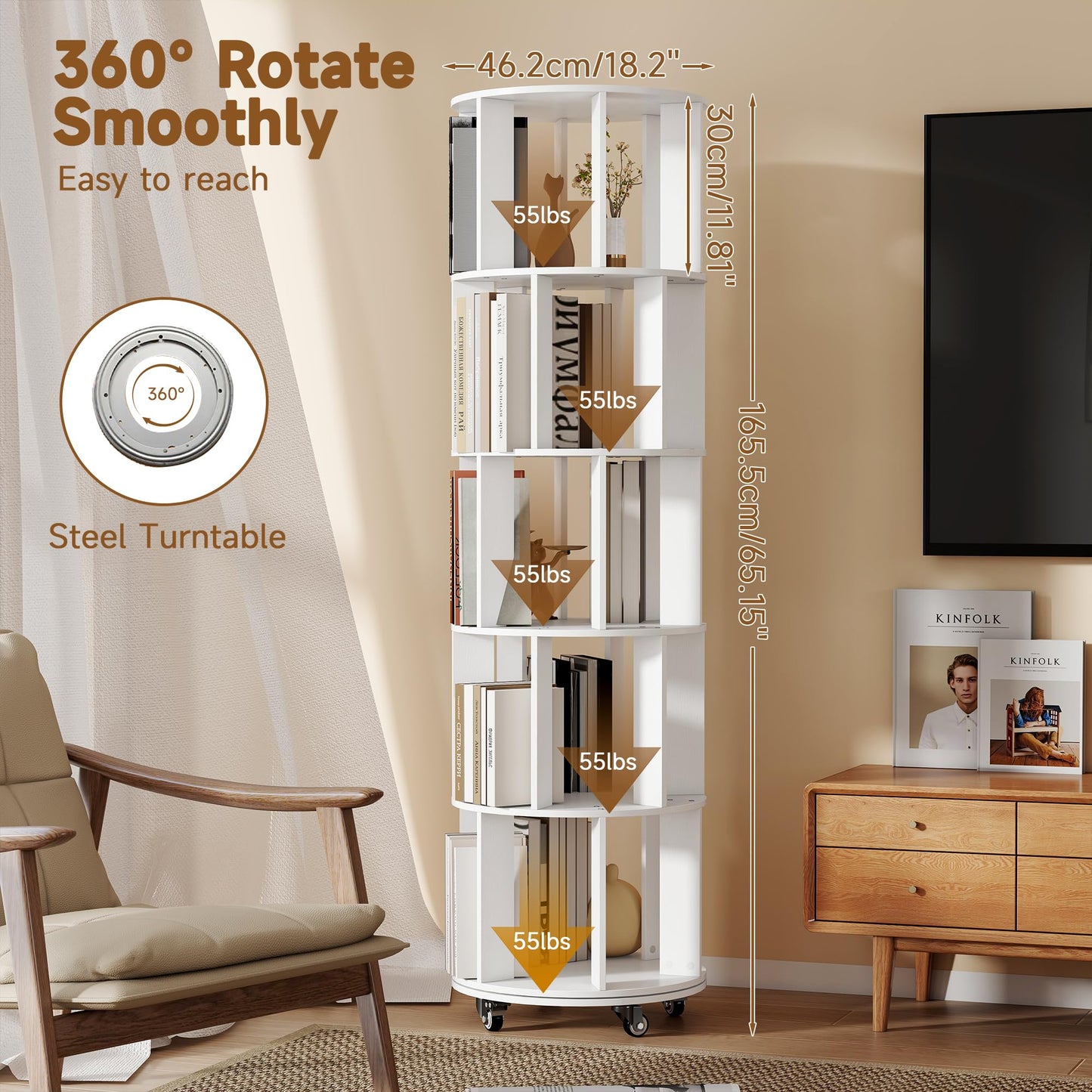 Turosur 5-Tier Rotating Bookshelf, 360° Revolving Bookcase Floor Standing