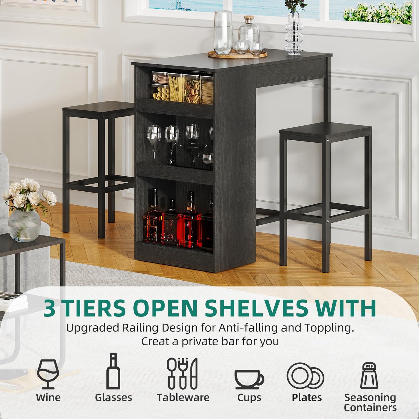 YITAHOME Breakfast Bar Table and Stools Set, Bar Table Set with Bar Stools, Breakfast Bar Dining Bar Table Footrest and Storage Shelf for Kitchen