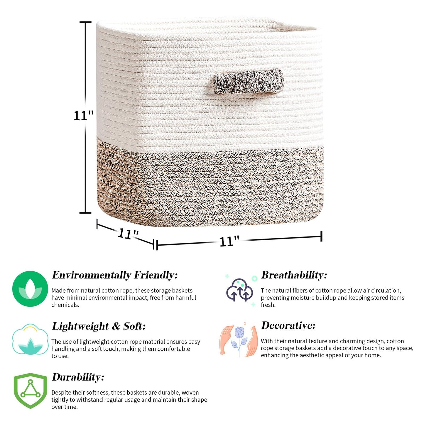 R RUNKA Storage Cube Baskets 3-Pack - 11 inch Square Baskets, Closet & Shelves Organizers - Woven & Drawer Storage - Ideal for Toys | White & Beige