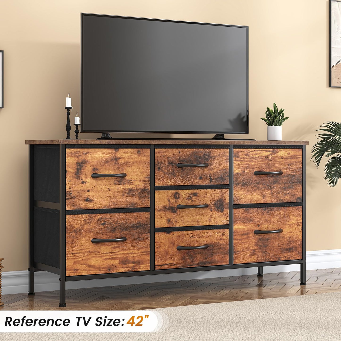 Feonase Chest of Drawers,Bedroom Dresser with 7 Fabric Drawers, Metal Frame & MDF Wood Top, Adjustable Feet, Storage Organizer Unit for Bedroom