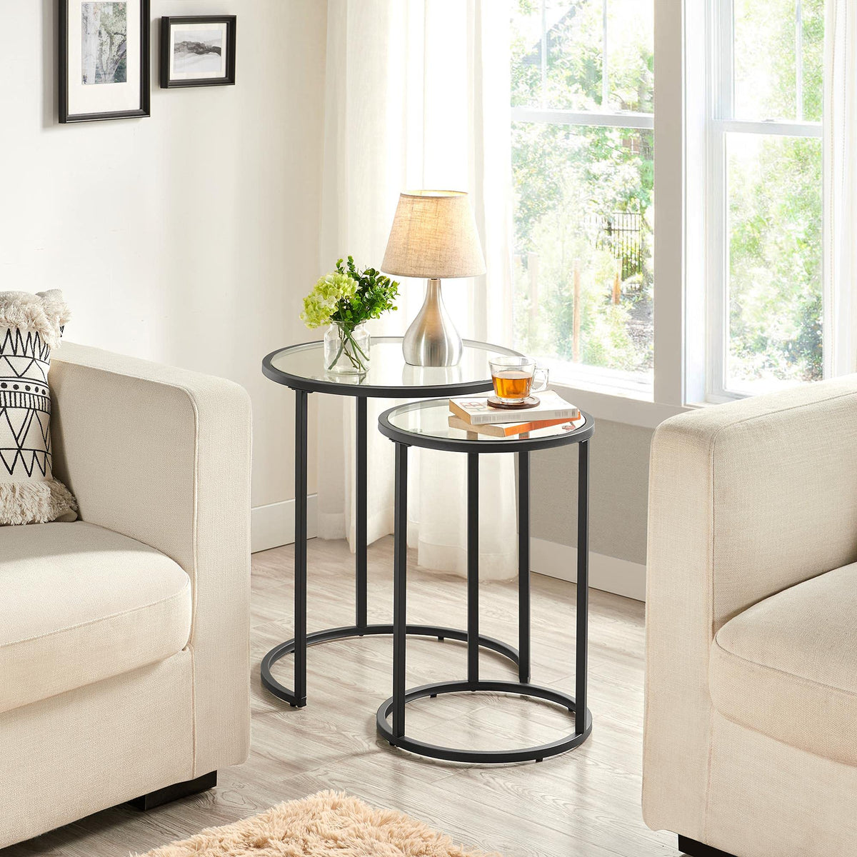 Yaheetech Glass Nesting Tables Set of 2 with Metal Frames, Black