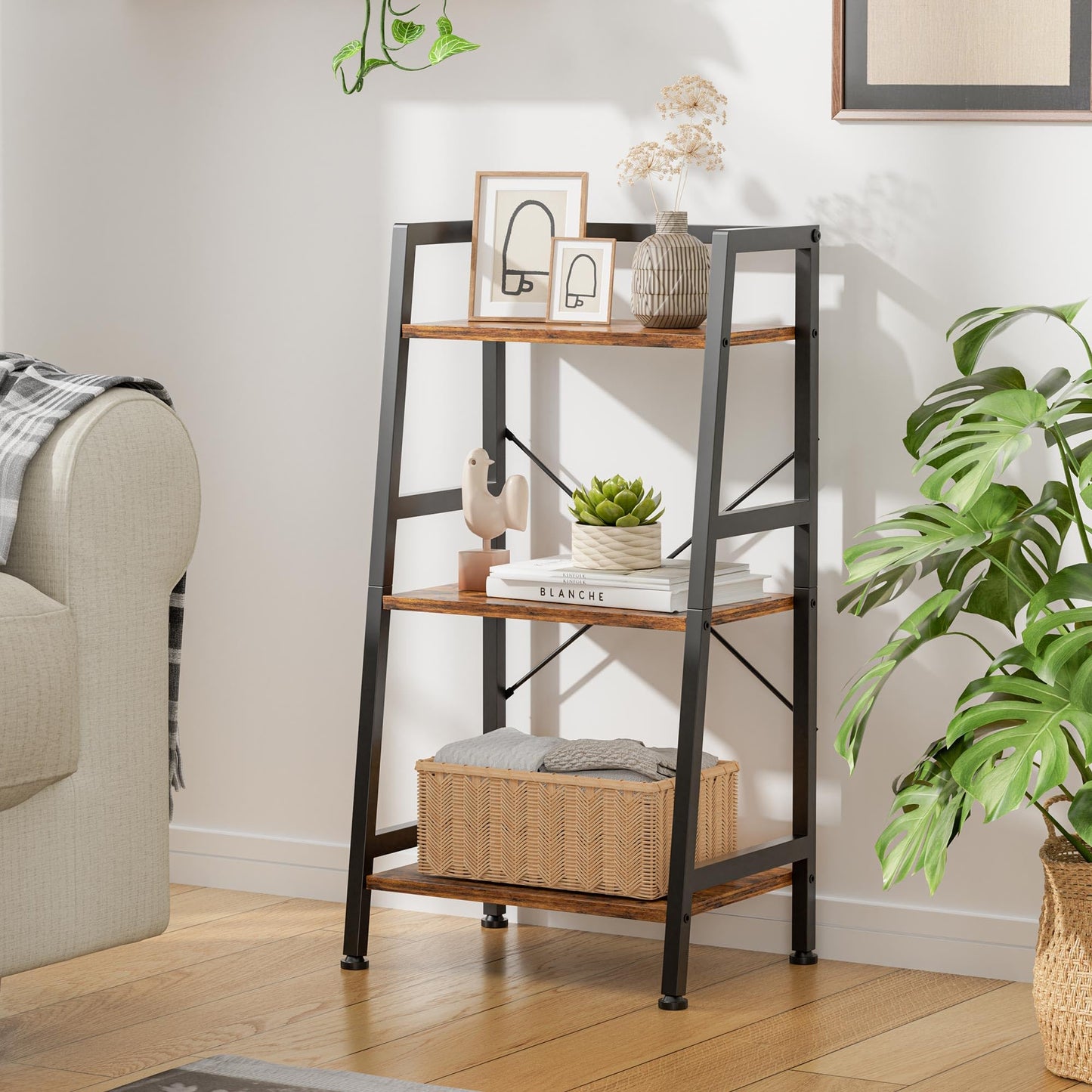 Vantimo 3-Tier Ladder Shelf, Industrial Storage Shelving Unit with Wooden Shelves & Metal Frame