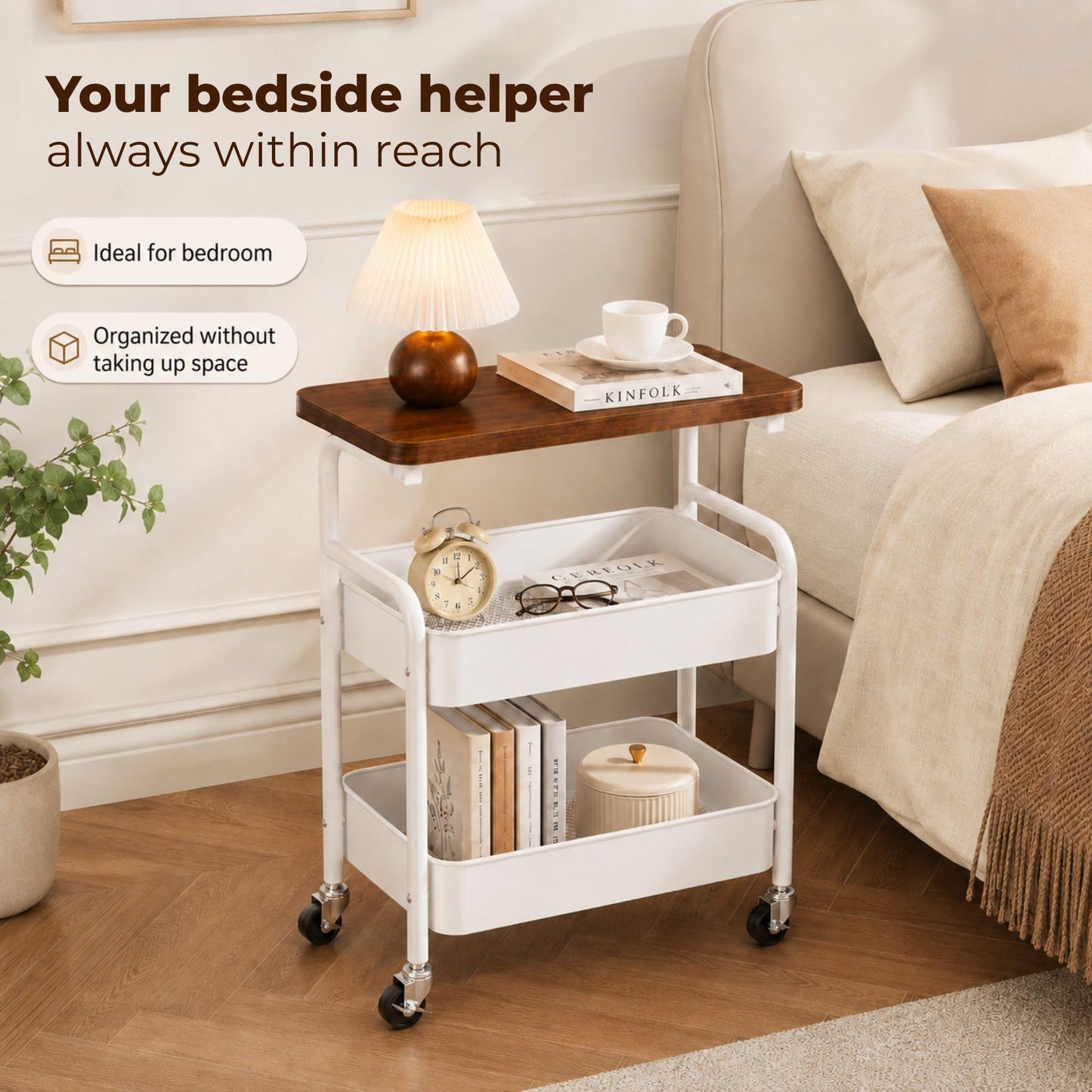 MAGIC SELECT Storage Trolley on Wheels 3 Tier. Rolling Storage Cart with Wooden Top. Metal Storage Trolley Organiser for Kitchen, Bathroom