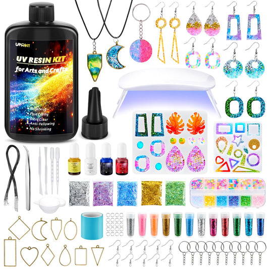 UPDOKIT UV Resin Kit with Lamp and 2 Resin Moulds Silicone and More Resin Accessories, Jewelry Making Kit with 250g Crystal Clear UV Resin, Craft Kit
