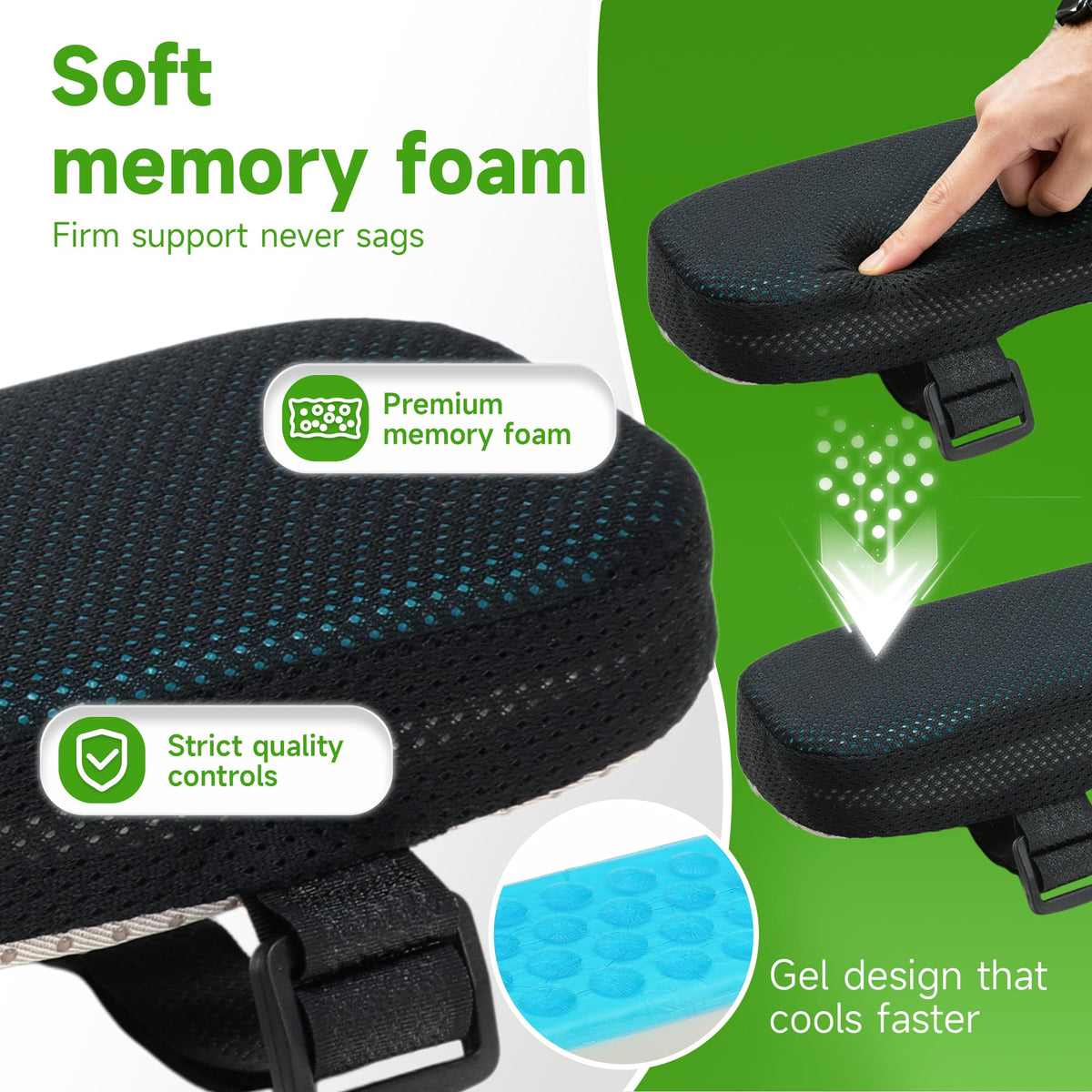 LargeLeaf Gaming Chair Armrest Memory Foam Cushions - Elbow Pillow Pressure Relief with Cooling Gel 2-Piece Set