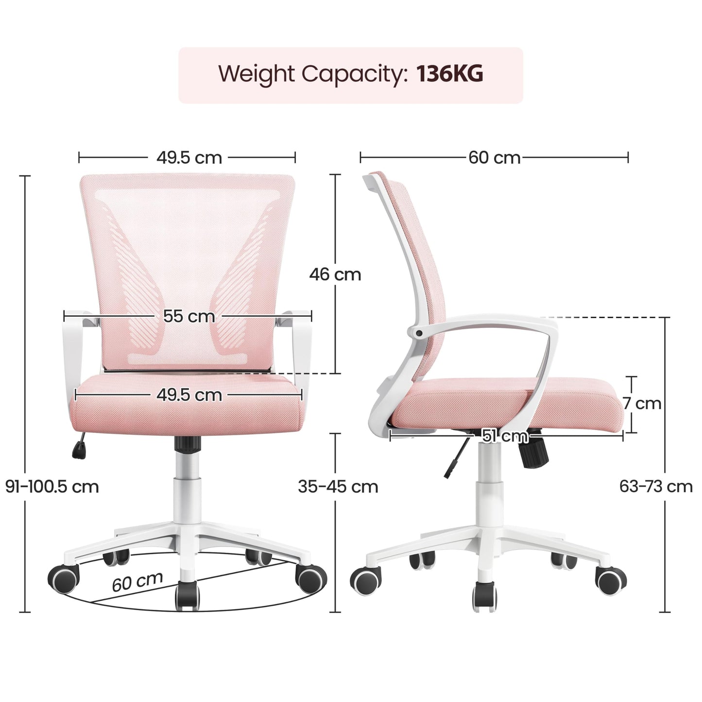Yaheetech Adjustable Office Desk Chair Ergonomic Mesh Computer Chair Pink