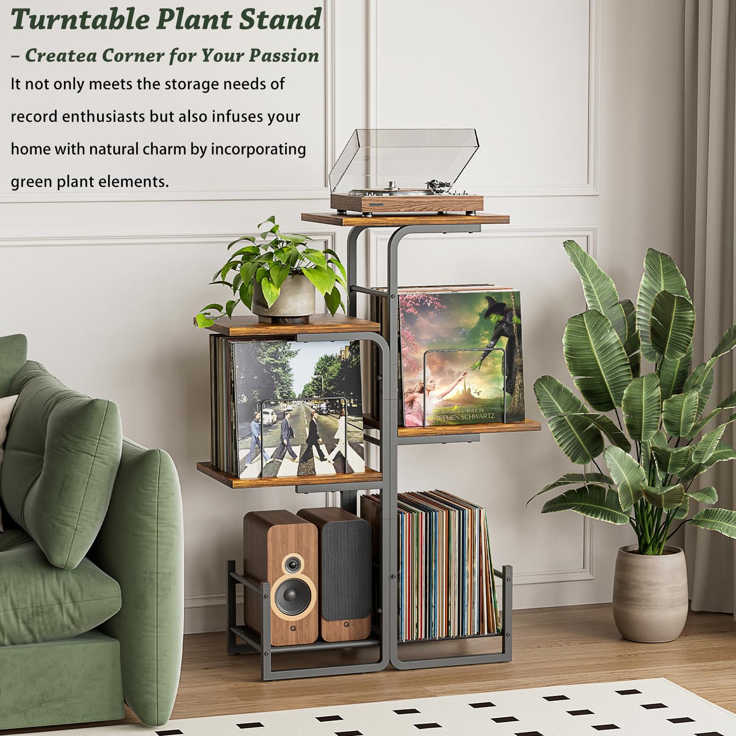 Bikoney Planter Record Player Stand with LP Vinyl Display Shelf