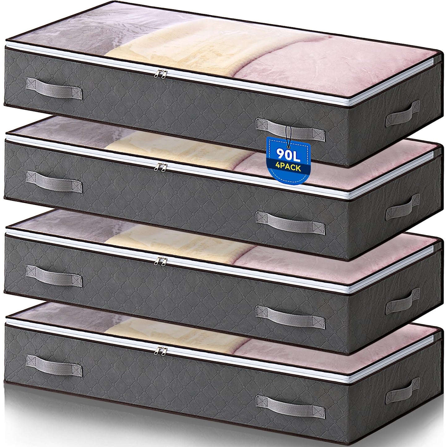 Boic 4 Pack Under Bed Storage Boxes With Lids, 90L Underbed Storage Organiser For Clothes, Comforters, Blankets & Bedding
