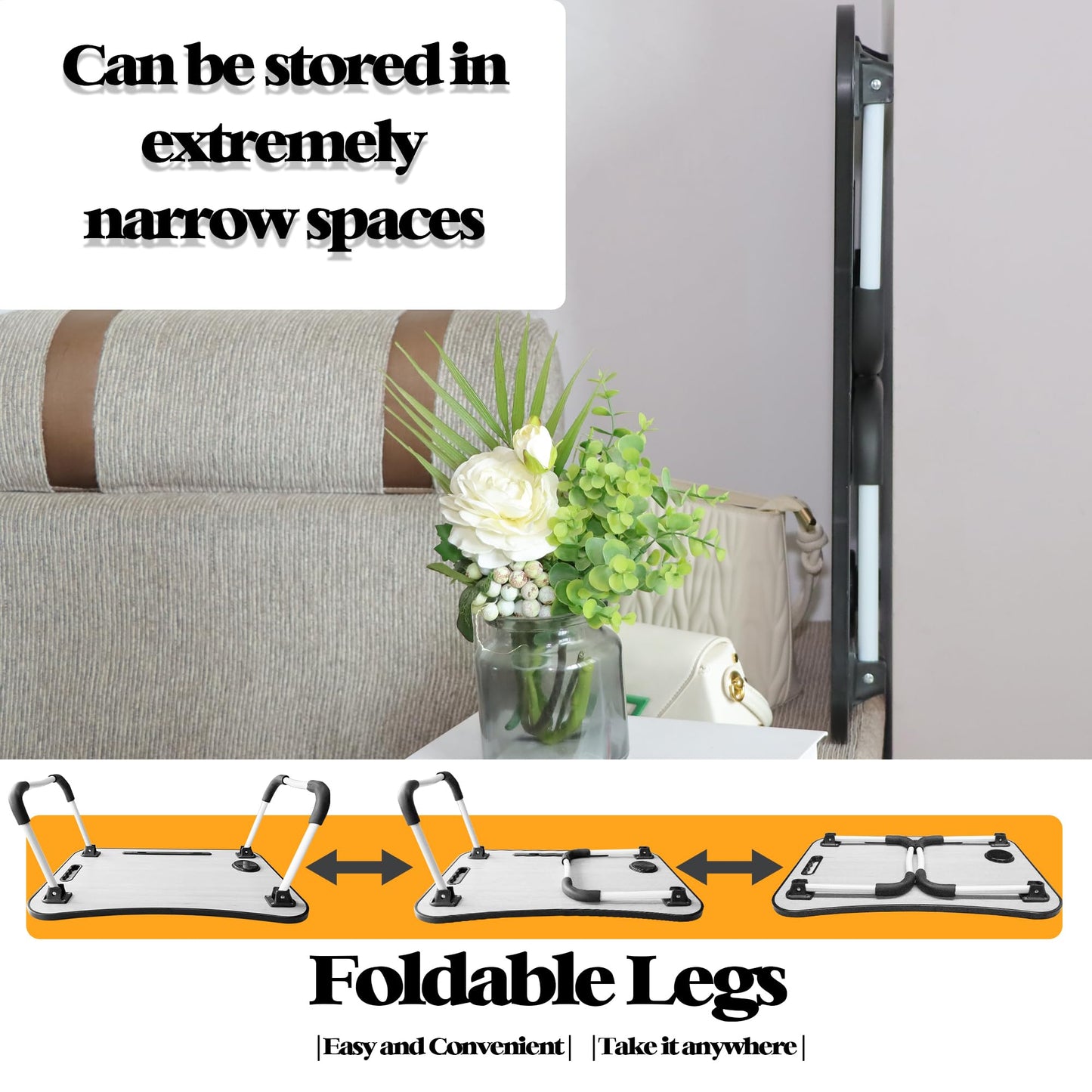 Laptop Desk, Laptop Bed Table with Foldable Legs & Cup Slot, Reading Holder Notebook Stand Breakfast Bed Tray Book Holder for Sofa, Bed, Terrace