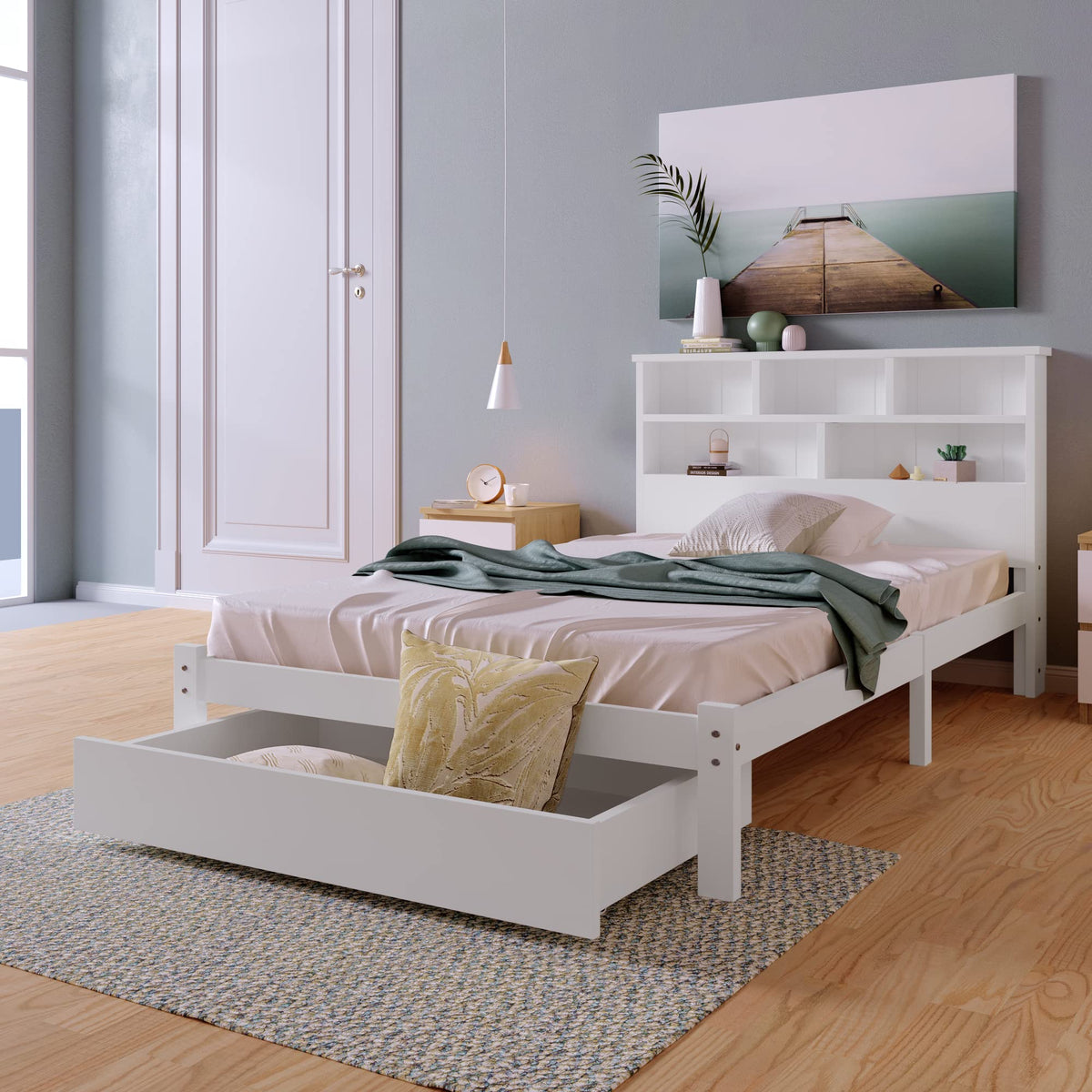 BTM Wooden Bed Frame with Shelves,Wooden Storage Bed, Shelf Headboard, Single Bed for Adult,Kids, Teenagers - 3FT 90 x 190 cm, White