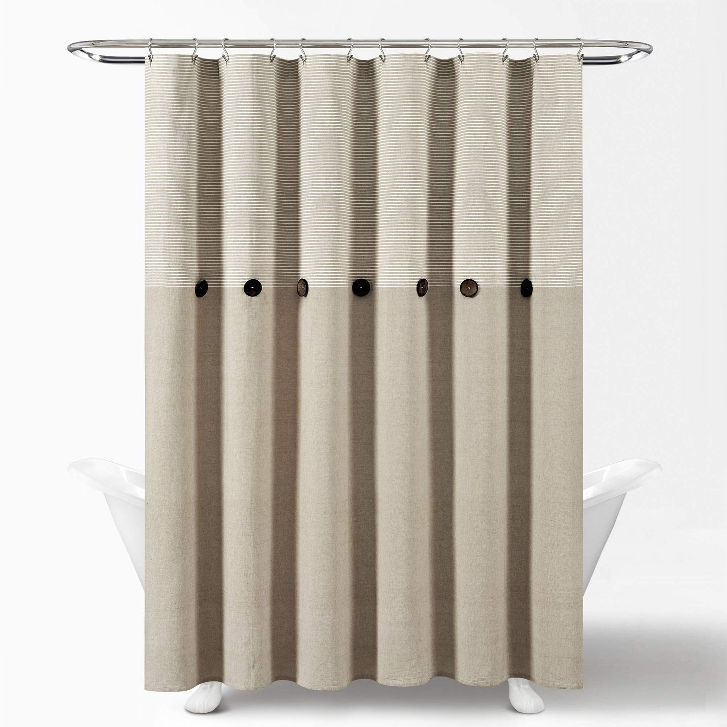 Lush Decor Beige Linen Woven Cotton Shower Curtain, Farmhouse Button Stripe, Yarn Dyed (72" x 72")
