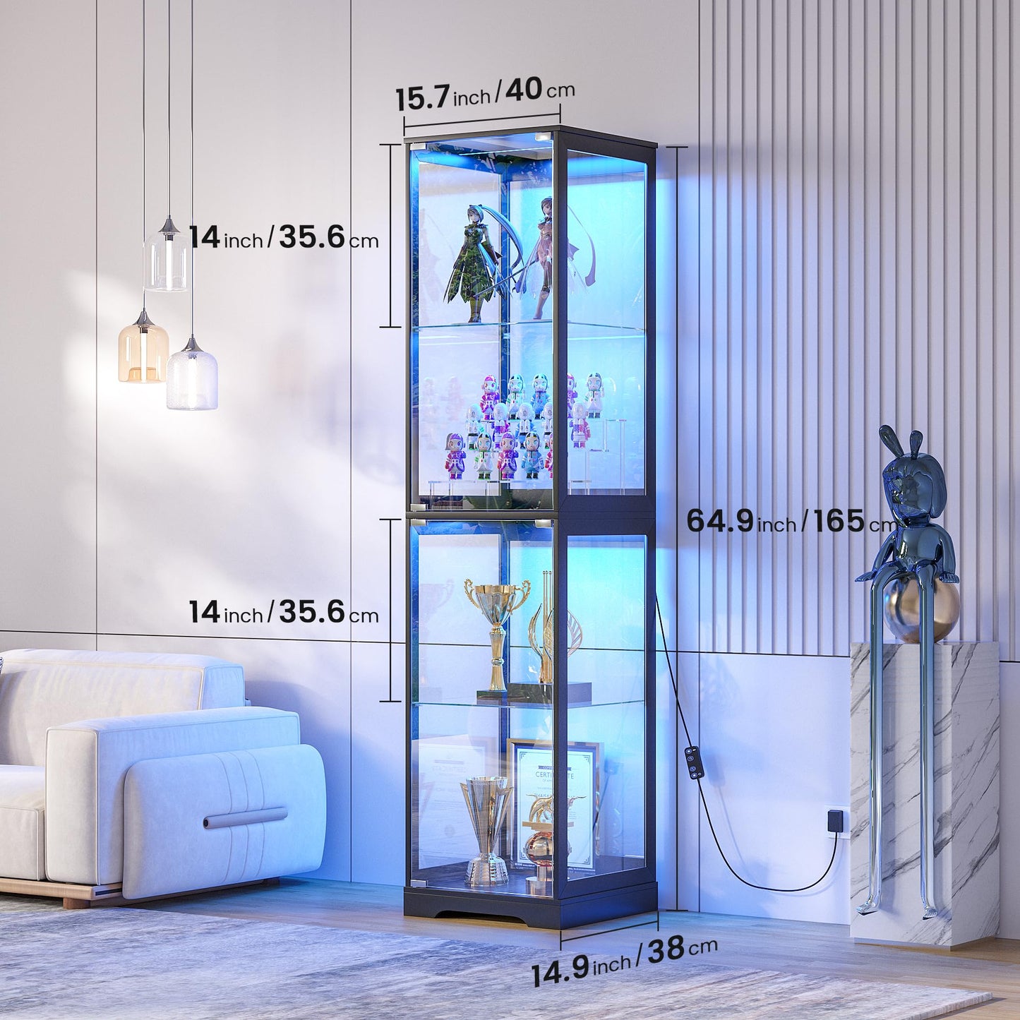 FREDEES Glass Display Cabinet with LED Lights, 165CM Tall, Black