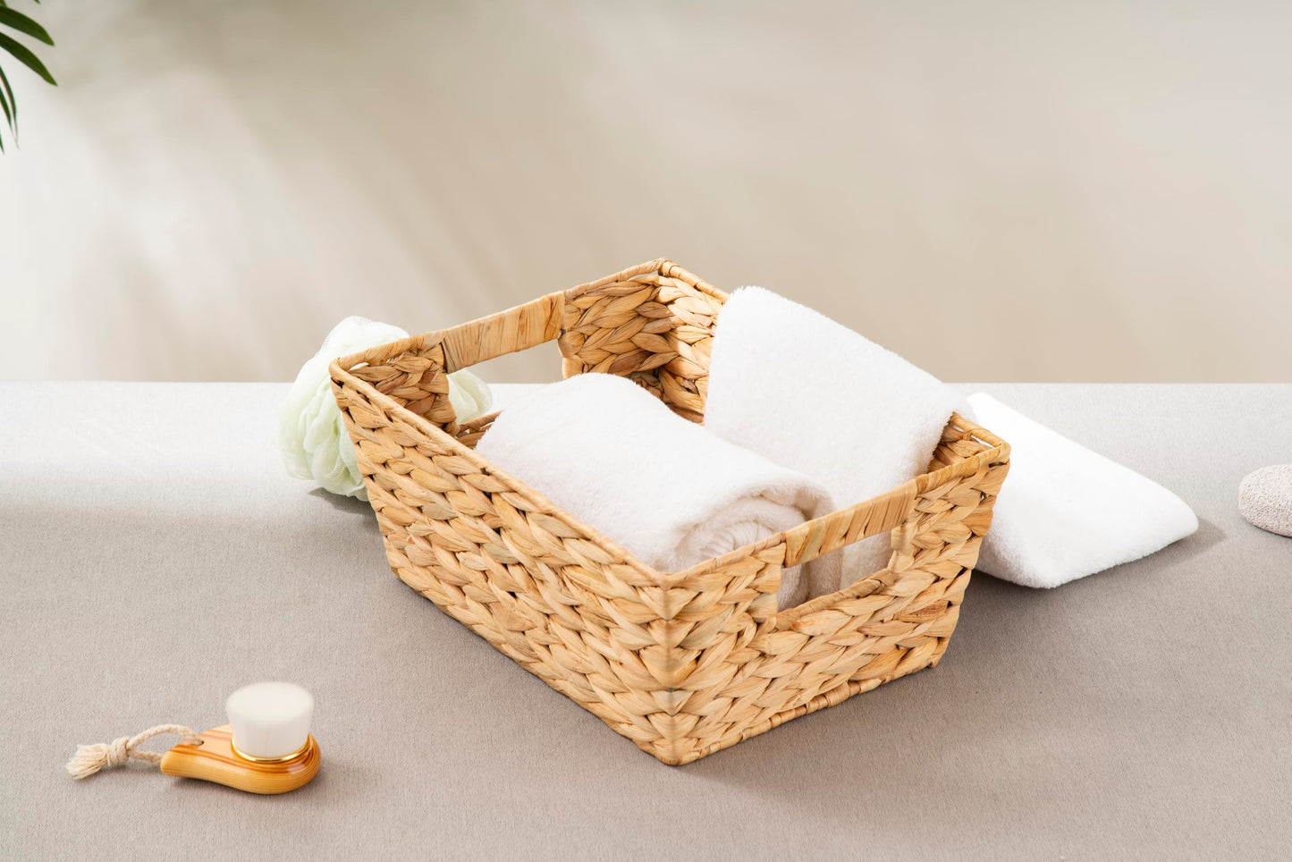 ECHTWERK Water Hyacinth Storage Basket, Rectangular, 35 x 25 x 16 cm, Natural Colours, Wicker Basket, Stackable for Bathroom, Office & Living Room