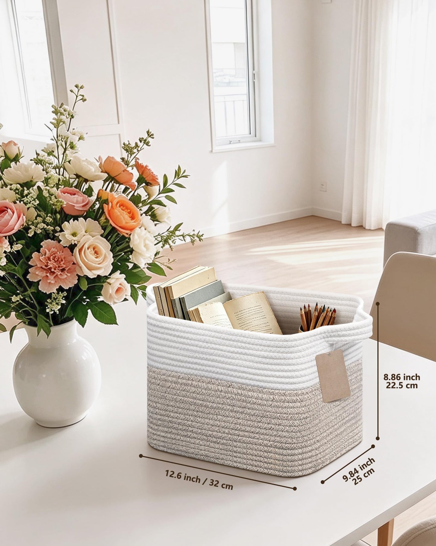 JOJOSEE Small Cotton Rope Woven Storage Basket for Shelves, White&Brown