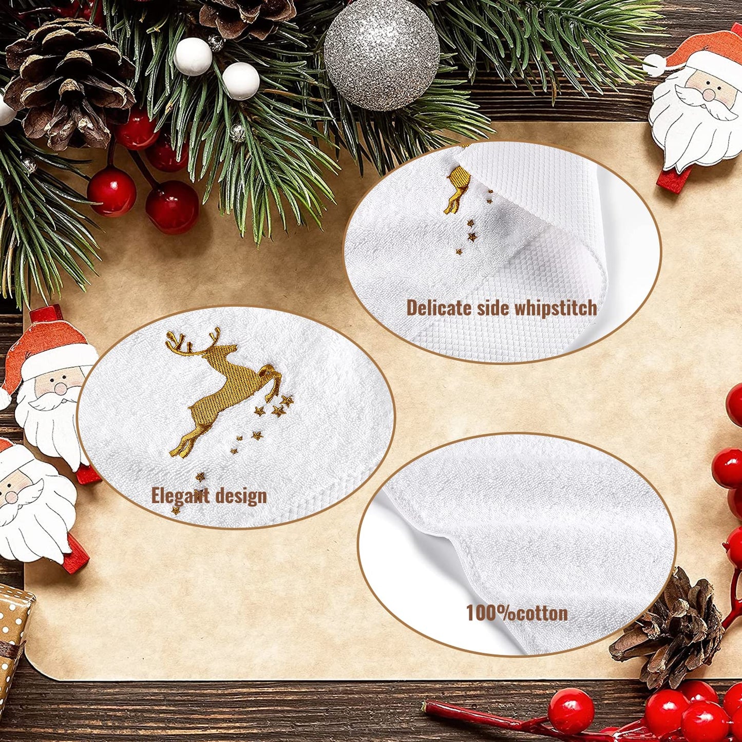 Quera 2 Pack Christmas Hand Towels Christmastree Reindeer 100% Cotton Embroidered Premium Luxury Decor Bathroom Set for Drying, Cleaning, Cooking