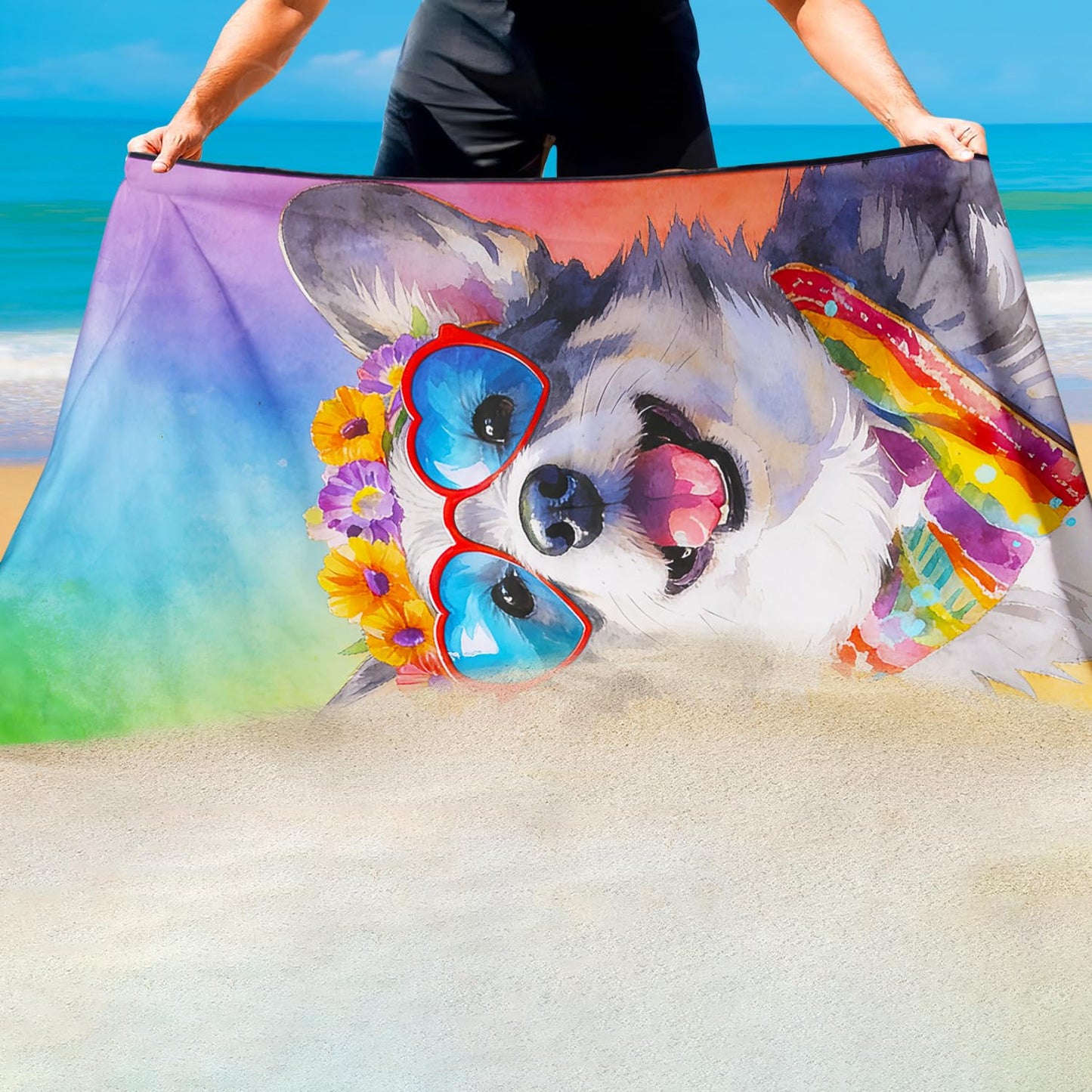 Violetpos Heart Sunglasses Corgi Beach Towel for Dog Lovers, Extra Large 180x90 cm 250GSM Microfibre, Sand Free Quick Dry