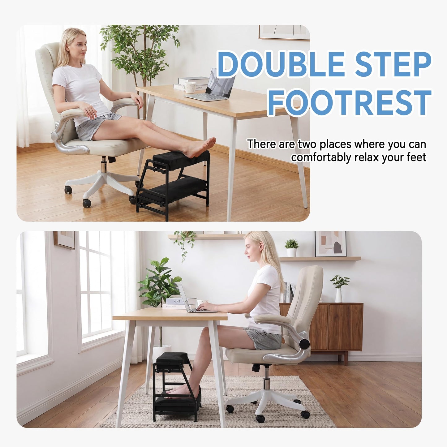 TOPROUD Adjustable Double Step Footrest, Ergonomic Under Desk Foot Rest with High Density Foam & Iron Frame
