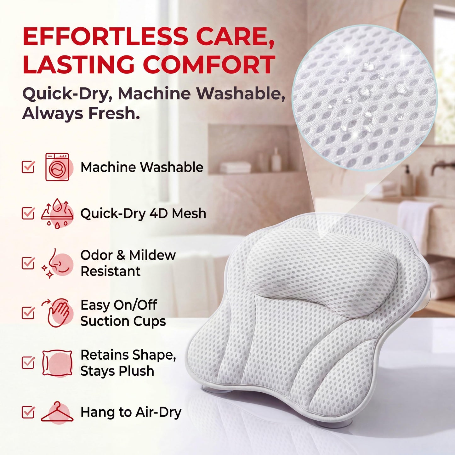 Bath Pillow LAVISMA Ergonomic Bathtub Cushion with 4D Breathable Mesh, Head, Neck, Shoulder & Back Support, 6 Strong Suction Cups
