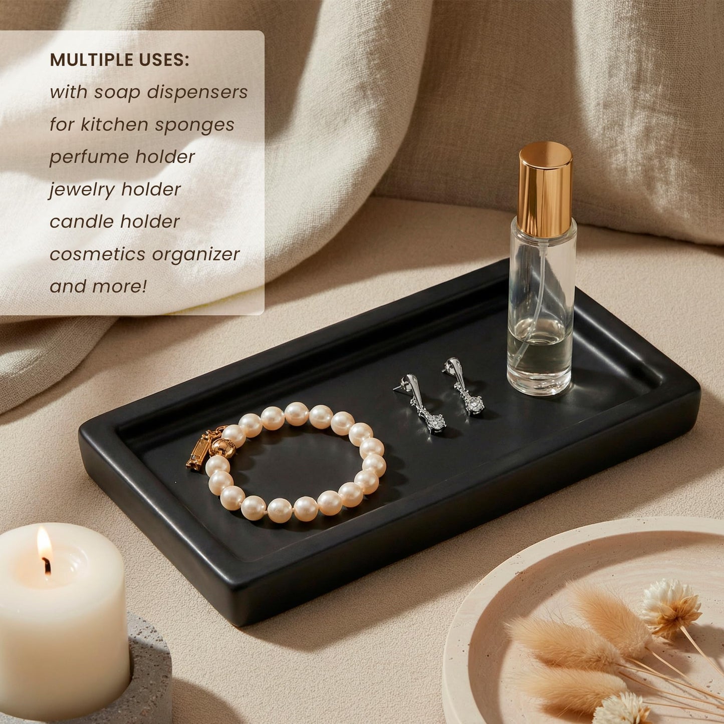 MaisoNovo Black Bathroom Tray Countertop - 7.4x5.1 inch Handcrafted Ceramic Kitchen Tray for Soap Bottles, Perfume, Jewelry - Moisture Resistant