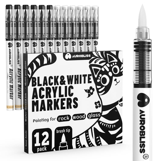 Aurobliss Black and White Acrylic Paint Pens 12pcs, Flexible Brush Tip Acrylic Markers for Rock, Ceramic, Glass, Wood, Fabric Painting