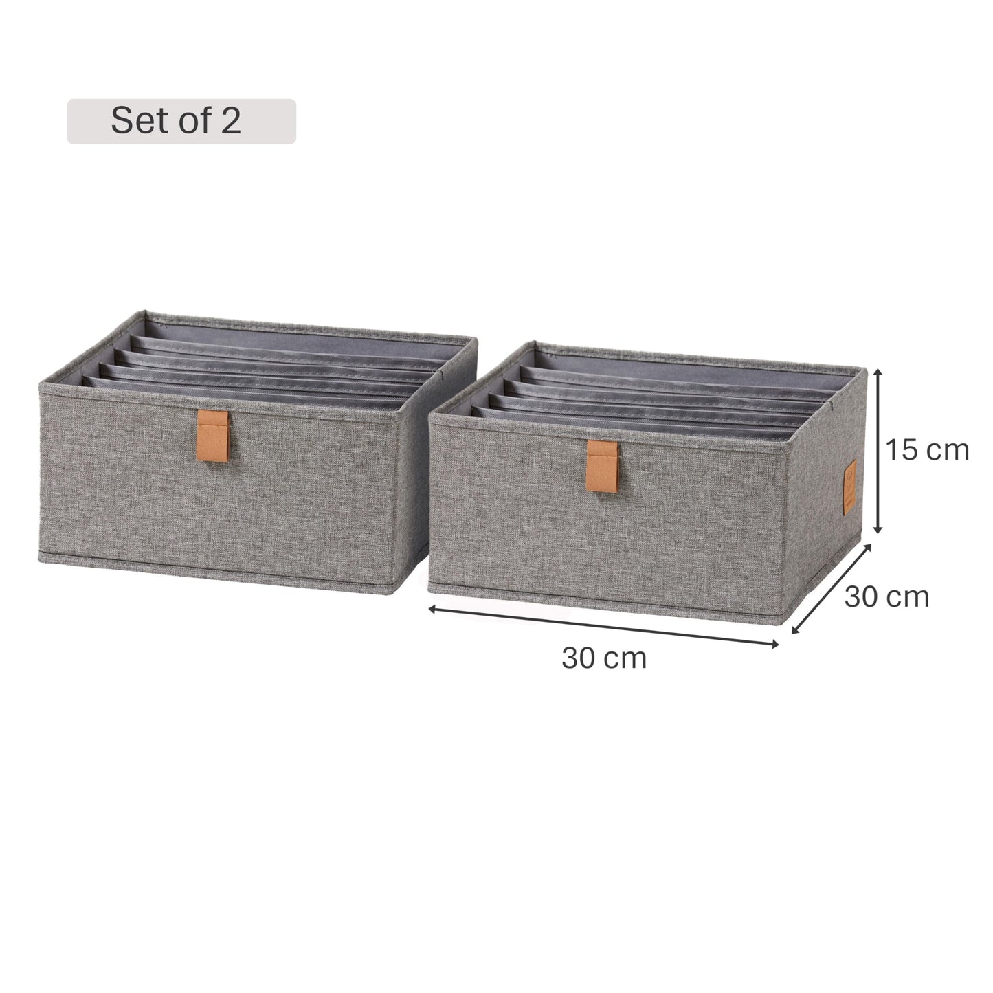 Love it Store it Premium Drawer Box, 2 Pieces, Fabric Wardrobe Organiser, Set of 6 Compartments, Grey, 30 x 30 x 15 cm