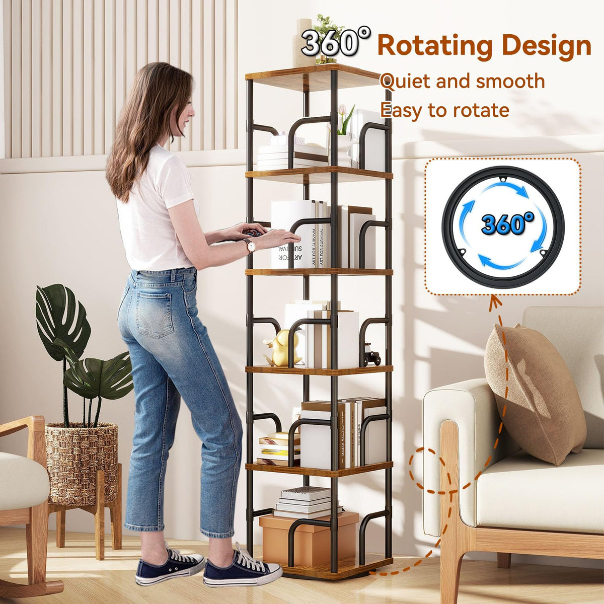 IBUYKE 6 Tier Rotating Bookshelf,Square Bookcases,Brown TBC005H