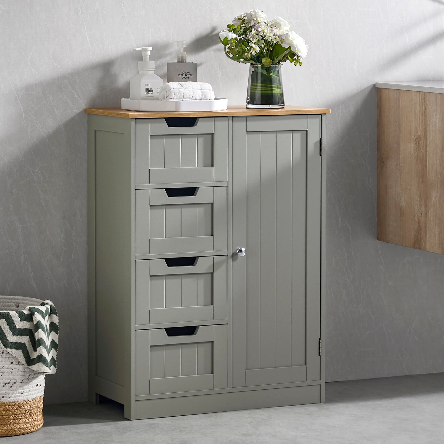 Bath Vida Priano Freestanding 4 Drawer 1 Door Bathroom Cabinet, Grey & Oak