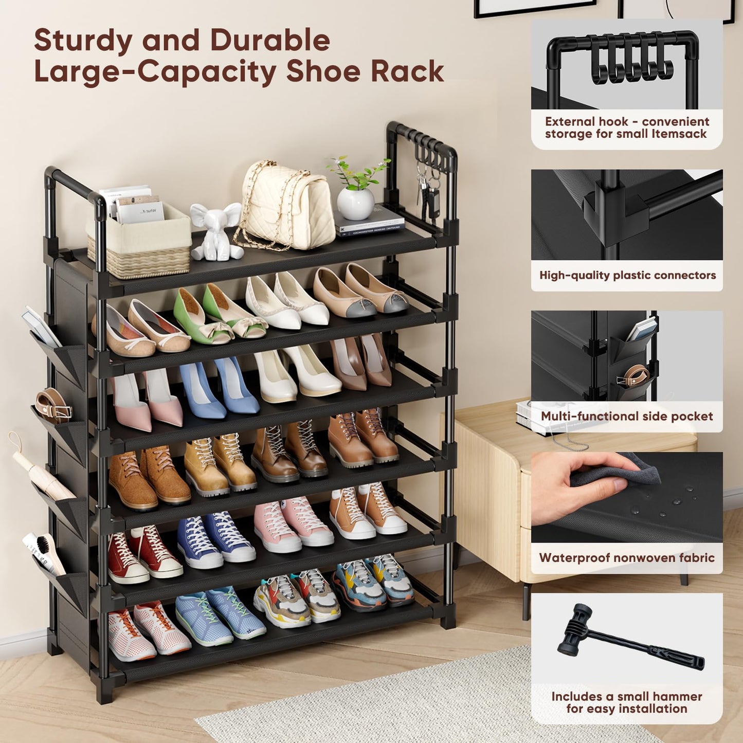 Mavivegue 6 Tier Metal Shoe Rack with 5 Hooks & 4 Side pockets