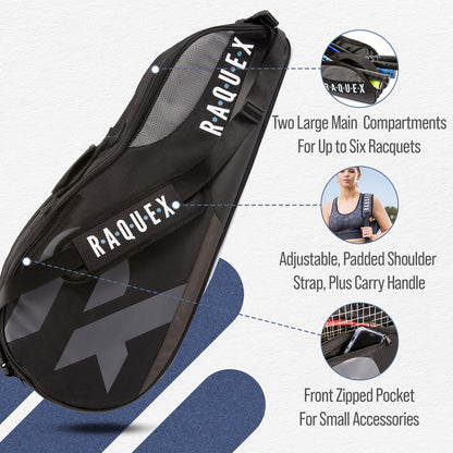 Raquex Tennis Bag - Racket Bag for Tennis, Badminton & Squash Racquets. Blue, Black or Magenta. Badminton Bag, Holds up to 6 Racquets + Accessories +